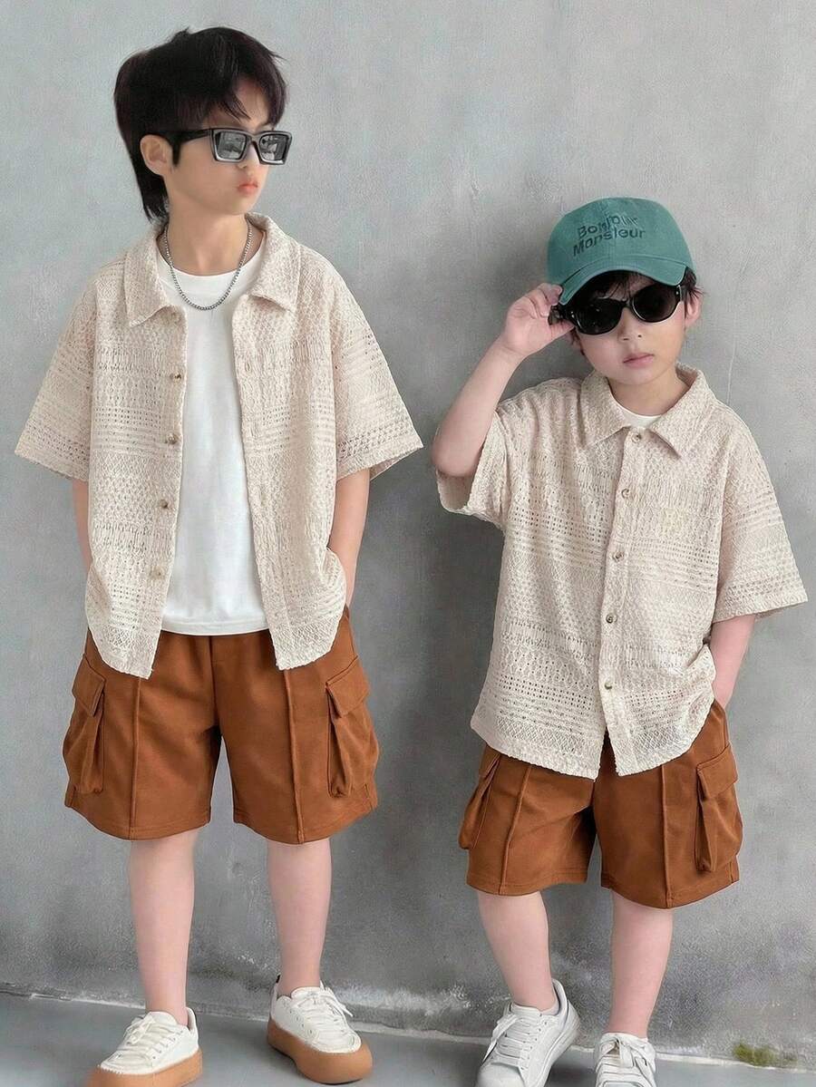 Young Boy Casual Sports Retro Textured Collared Shirt,Summer Back To School Season,Suitable For Birthday Party,Banquet,Performance,Wedding,Baptism - White - View 1
