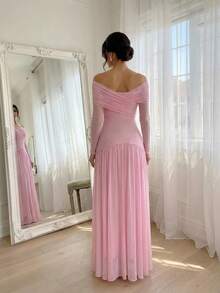 Firerie 女士浅粉色V领露肩长袖褶皱A字长裙，弹性网纱拼接，浪漫婚礼宾客礼服，伴娘礼服，长袖连衣裙，适合春、夏、秋、冬四季穿着，优雅百搭，通勤、约会、派对、婚礼、毕业典礼、演出、工作、返校、年会、生日、假日等场合皆宜。 - 淺粉色 - 查看 3