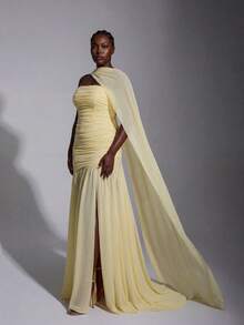 Elitara 大码优雅奶油黄雪纺露背连衣裙（亮片可拆卸），胸前荷叶边，网纱鱼尾裙摆，适合情人节、约会、度假、婚礼、伴娘等场合 - 黃色 - 查看 5