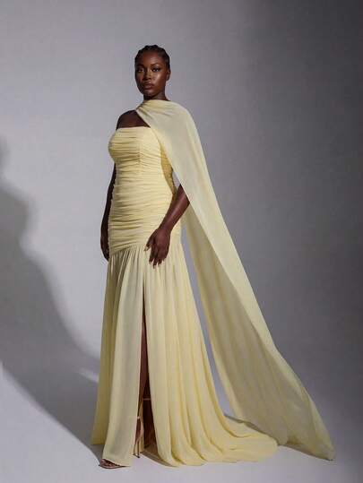 Elitara Plus Size Elegant Cream Yellow Chiffon Halter Neck Dress (Detachable Sequins), Bust Ruffle, Mesh Fishtail Hem, Suitable For Valentine's Day, Date, Vacation, Wedding, Bridesmaid