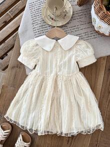 SHEIN LMoss Kids 女婴法式优雅荷叶边领花瓣袖网纱连衣裙 - 白色 - 查看 2