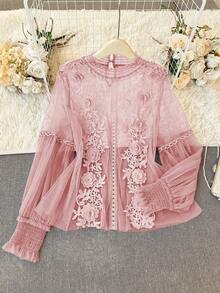 Lacomfia 女士蕾丝边长袖宽松浪漫优雅大码衬衫 - 粉色 - 查看 3