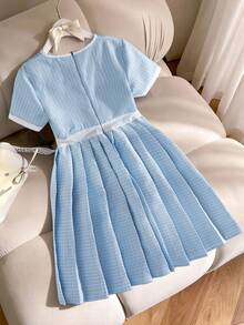 SHEIN Teen Girl Round Neck Contrast Trim Pleated Elegant Short Sleeve Dress - Blue - View 2