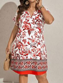 Comfylo 大码女式复古印花V领蝙蝠袖休闲连衣裙度假装女式夏季服装女式办公室着装 - 紅白色 - 查看 3