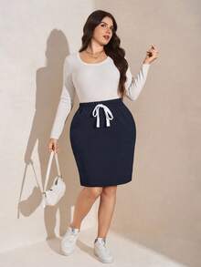 SHEIN LUNE Plus Size Solid Color Twist Pocket Elegant Office Skirt Fall - Blue - View 5