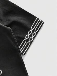 ROMWE MEN Street Life Men's Summer Casual Rivet & Embroidery Detail Zip-Up Denim Short Sleeve Shirt - Black - View 4