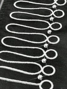 ROMWE MEN Street Life Men's Summer Casual Rivet & Embroidery Detail Zip-Up Denim Short Sleeve Shirt - Black - View 5