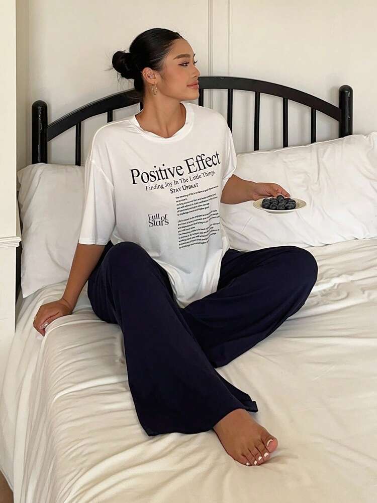 Dazy Plus Plus Size Women Slogan Print Short Sleeve Top And Pants Pajama Set