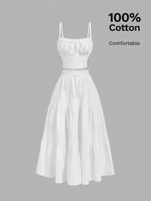 SHEIN MOD 女士纯色褶皱胸部吊带背心和荷叶边半裙两件套，春夏装扮，女士嘉年华服装，婚礼宾客礼服，节日服装，休闲套装，完美适用于度假、约会、野餐、派对、舞会、节日和生日穿着，音乐节服装，游牧风、乡村风、波西米亚风、茶会服装 - 白色 - 查看 3