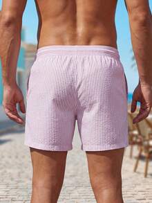 ZELFYO 男士休闲条纹印花沙滩短裤 - 杏色 - 查看 2