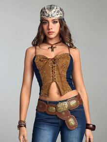 Hippie Western Cowgirl Suede Patchwork Distressed Vintage Embroidered Metal Decor Denim Jacket For Women - Multicolor - View 5