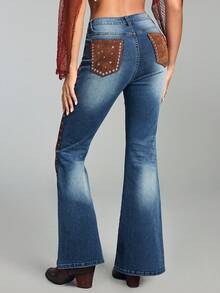 ROMWE Hippie 女士复古西部牛仔嬉皮风二合一麂皮拼接铆钉喇叭牛仔裤 - 藍色 - 查看 2