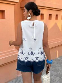 Breezaya Áo kiểu không tay thêu họa tiết phối màu tương phản dành cho nữ cỡ lớn, kiểu dáng thường ngày, thích hợp cho kỳ nghỉ. - Xanh và trắng - Xem 2