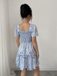 Rafferiza 女士优雅方领喇叭袖荷叶边短连衣裙，夏季 - 淺藍色 - 查看 2