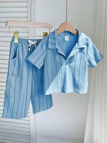 SHEIN 2pcs/Set Baby Boy/Girl Comfortable Casual Versatile Khaki Striped Collar Short Sleeve Shirt Knit Top And Pants Set, Suitable For Spring/Summer Indoor, Outdoor, Daily, Sports, Play, Party, Photo Shoot, Holiday, Festival - Baby Blue - View 4