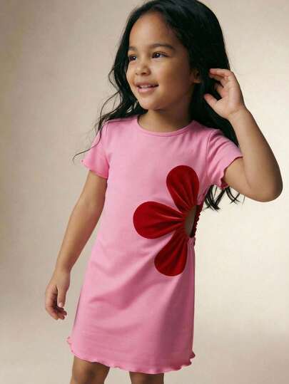 Maija Kids Maija Kids 1pc Young Girls Casual Street Chic Fitted Hollow Floral Decor Round Neck Short Sleeve Dress, Suitable For Daily Wear, Back To School, Outings, Gatherings, Festivals, Spring & Summer