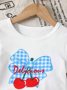 SHEIN LMoss Kids 女童樱桃蝴蝶结印花短袖T恤和格子印花多层裙套装 - 藍色 - 查看 3