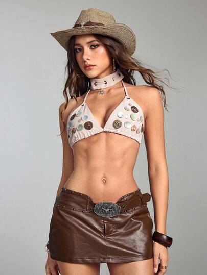 ROMWE Avant 复古田园风贝壳装饰性感露背吊带背心，适合音乐节