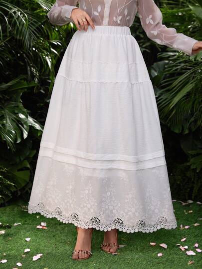 Lacomfia Women's French Casual Loose Lace Embroidery Patchwork White Skirt