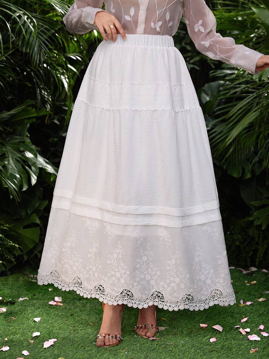 Lacomfia Women's French Casual Loose Lace Embroidery Patchwork White Skirt - White - View 1