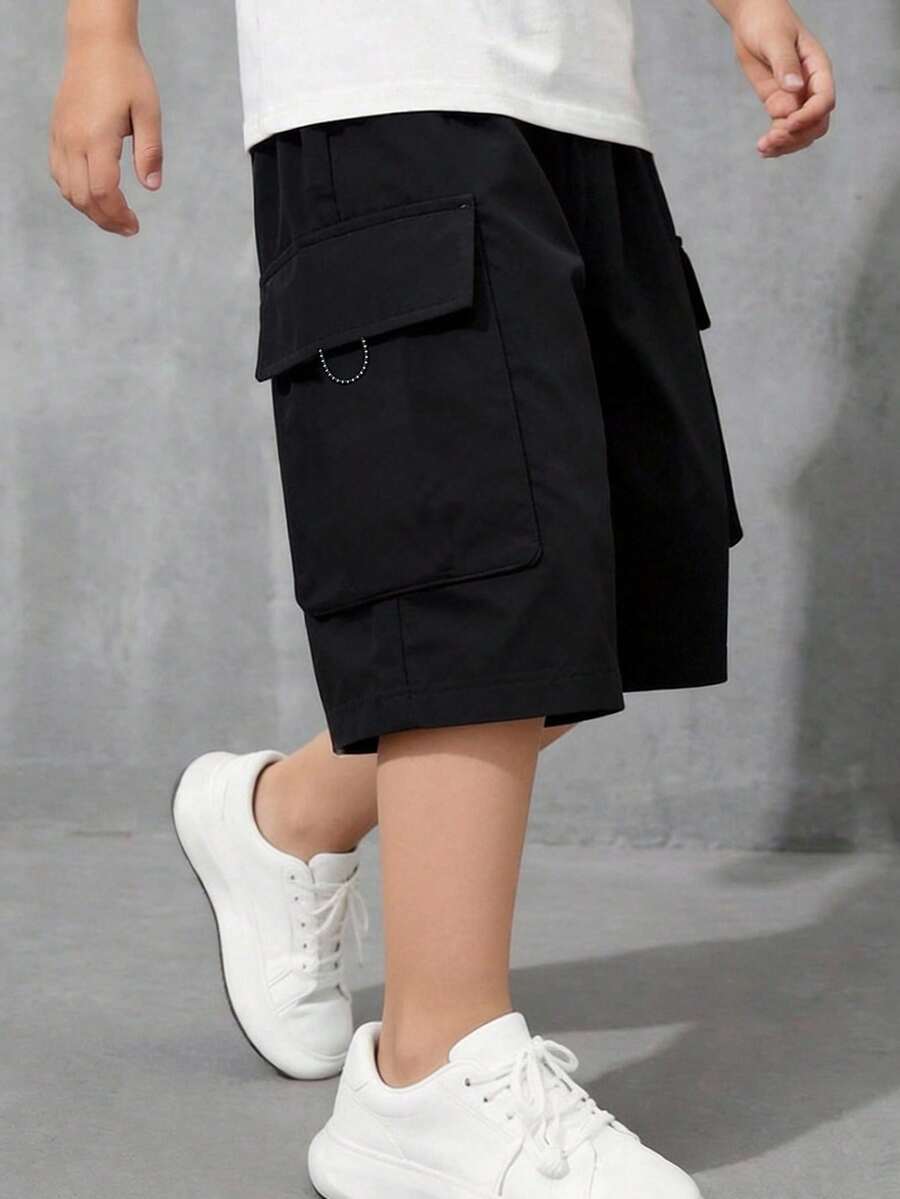 Tween Boys' Casual Everyday Comfortable Patch Pocket Loose Solid Woven Shorts - Black - View 1