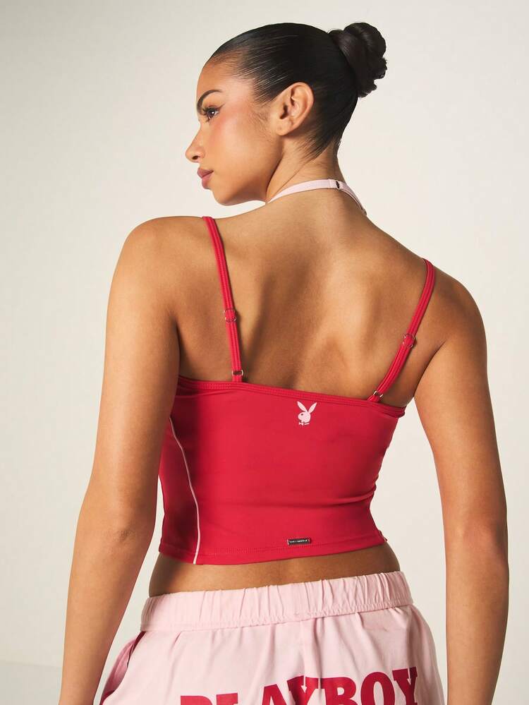 Missguided x Playboy Logo Sleeveless Tank Top With White Contrast Piping Athletic Crop Top For Spring Summer Fitness Active Lifestyle