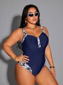 Shapewave 2026 New Summer Beach Vacation Casual Conservative Drawstring Back One-Piece Plus Size Swimsuit - Blue and White - View 5