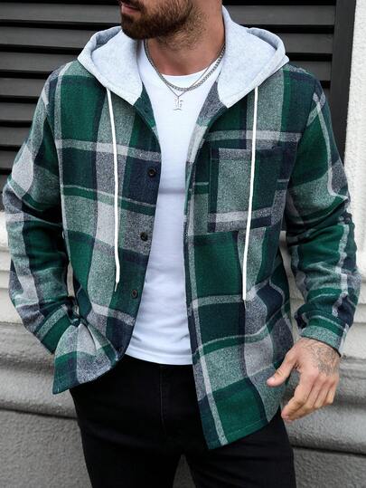 Manfinity Homme Men Plus Size Plaid Drawstring Hooded Outing Casual Jacket No T-Shirt, Boyfriend Gifts