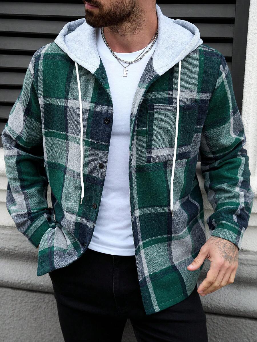 Manfinity Homme 男士加大码格子抽绳连帽休闲外套（不含T恤），男友礼物 - 彩色 - 查看 1