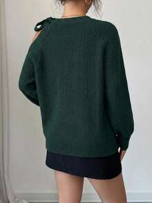 Casual Solid Color Shoulder Tie Raglan Sleeve Loose Knit Sweater, Autumn/Winter - Dark Green - View 2
