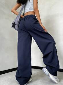 Rina Fox Quần cargo nữ màu xanh hải quân, cạp chun, có túi, dây rút, xếp ly, ống đứng, thích hợp cho mùa xuân/hè. - Màu xanh hải quân - Xem 2