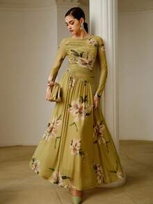 ZEYLAH 女士花卉印花网眼圆领长袖荷叶边优雅针织连衣裙 - 綠色 - 查看 5