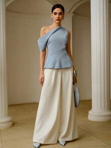 ZEYLAH 女士优雅纯色不对称领口贴身上衣 - 藍色 - 查看 5