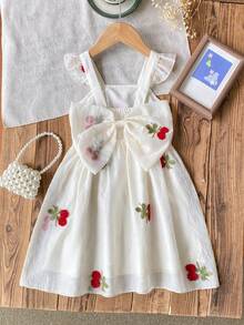 Ruffle Strap Cherry Puff A-Line Dress. Featuring Ruffle Trim Shoulder Straps, A 3D Bow At The Back, And A Puff A-Line Silhouette That Ensures Freedom Of Movement While Maintaining An Elegant Look. Suitable For Outings, Friend Gatherings, And Family Celebrations, Making Your Little One The Center Of Attention. - Apricot - View 2