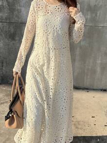 FRIFUL Women's Solid Beige Sheer Lace Fabric Layered Flared Loose Casual Dress,Wedding Guest Dress Women - Beige - View 5