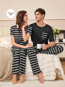 SHEIN Men's Striped Pocket Short Sleeve & Long Pants Casual Pajama Set - Black - View 4