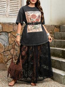 SHEIN LUNE 两件套加大码套装：复古印花T恤和蕾丝中长裙 - 彩色 - 查看 10