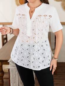 Lacomfia Chemise décontractée pour femmes grandes tailles, manches courtes, couleur unie, jacquard, patchwork - Blanc - Voir 3