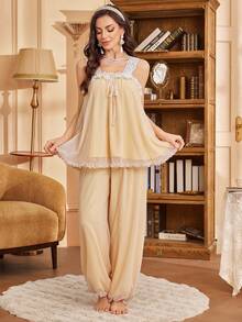 SHEIN 2pcs Lace & Mesh Patchwork Camisole Pajama Set, Summer - Yellow - View 6