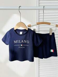 2 paquets Garçons bébé Style décontracté scolaire Confortable Mode simple Pratique Polyvalent Doux Confortable Respirant Manches courtes avec motif de lettres contrastées Convient pour le port quotidien, l'école, les sorties, les sports et le printemps/été - Bleu azur - Voir 4