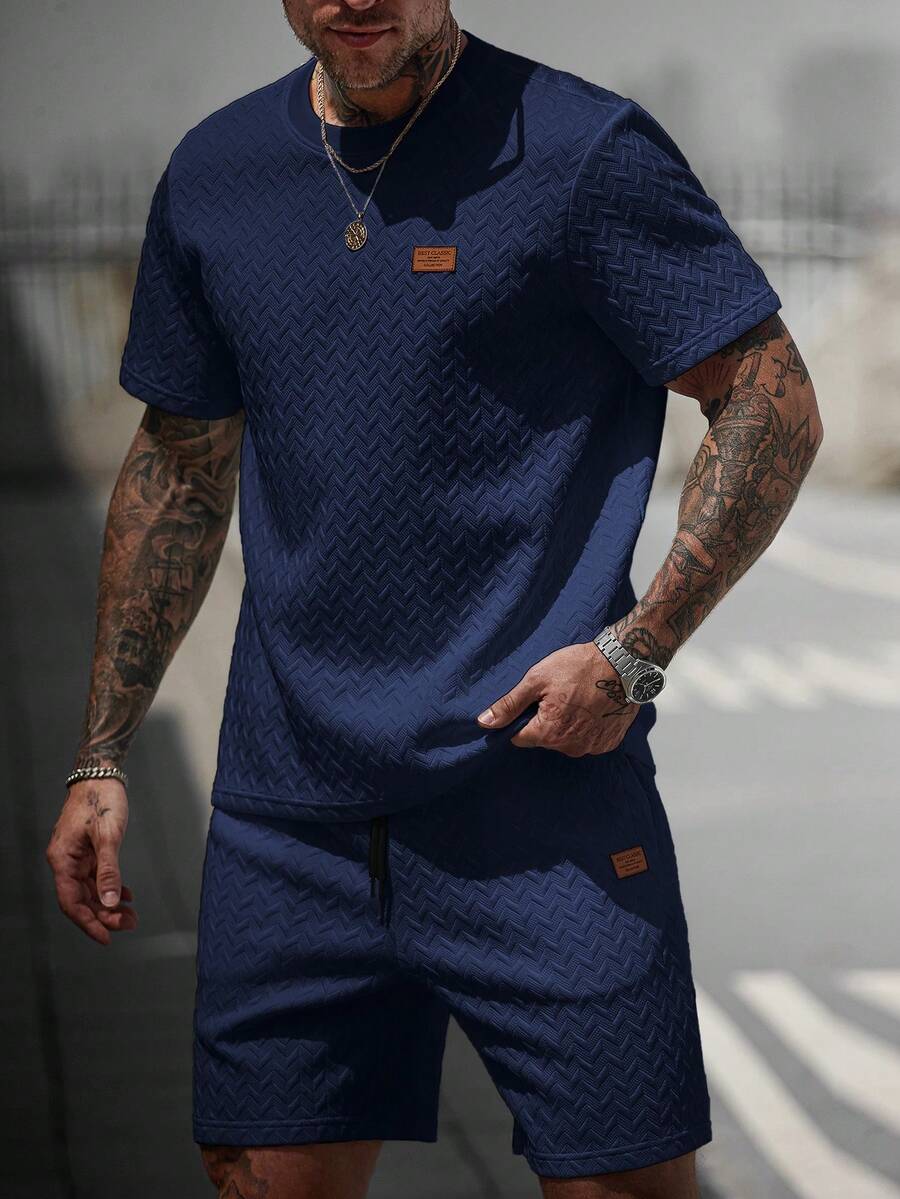 Manfinity CasualCool 男士V领罗纹T恤+抽绳短裤套装 - 寶藍色 - 查看 1