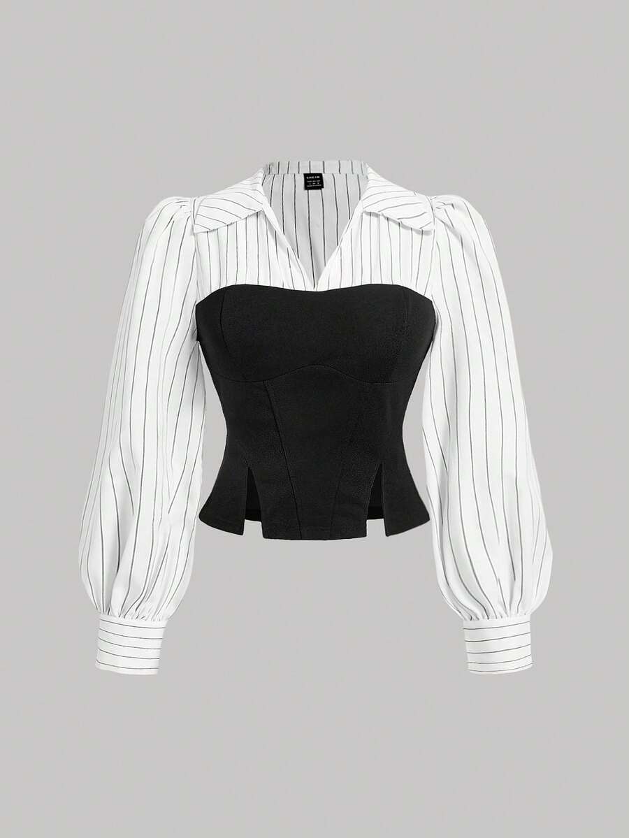 SHEIN MOD Camisa halter ajustada de talla grande con de color negro y blanco, rayas, patchwork asimétrico y aberturas - Blanco y Negro - Ver 1