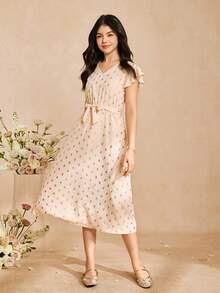 优雅奢华的莲藕粉色箔片短袖V领收腰华丽柔软连衣裙，适合少女 - 粉色 - 查看 4