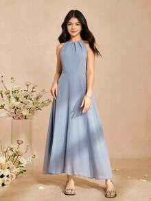 Đầm dài màu xanh dương trơn, thanh lịch, tối giản dành cho thiếu nữ, kiểu dáng duyên dáng và thướt tha, thích hợp cho mọi mùa. - Màu xanh lam - Xem 5