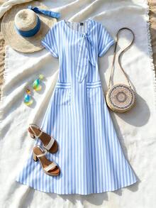 Franclia Holidaya Women's Elegant Blue And White Stripe Maxi Dress,Summer Casual Vacation Holiday Coastal Beach Short Sleeve Bow Pocket Loose Gowns Cover Ups - Blue - View 4