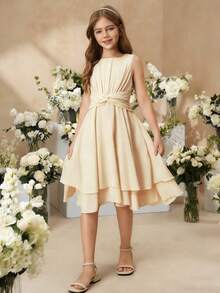 SHEIN 女童可爱优雅浅紫色无袖中长连衣裙，适合派对、假日、正式场合、婚礼、生日、演出及其他活动 - 杏色 - 查看 5