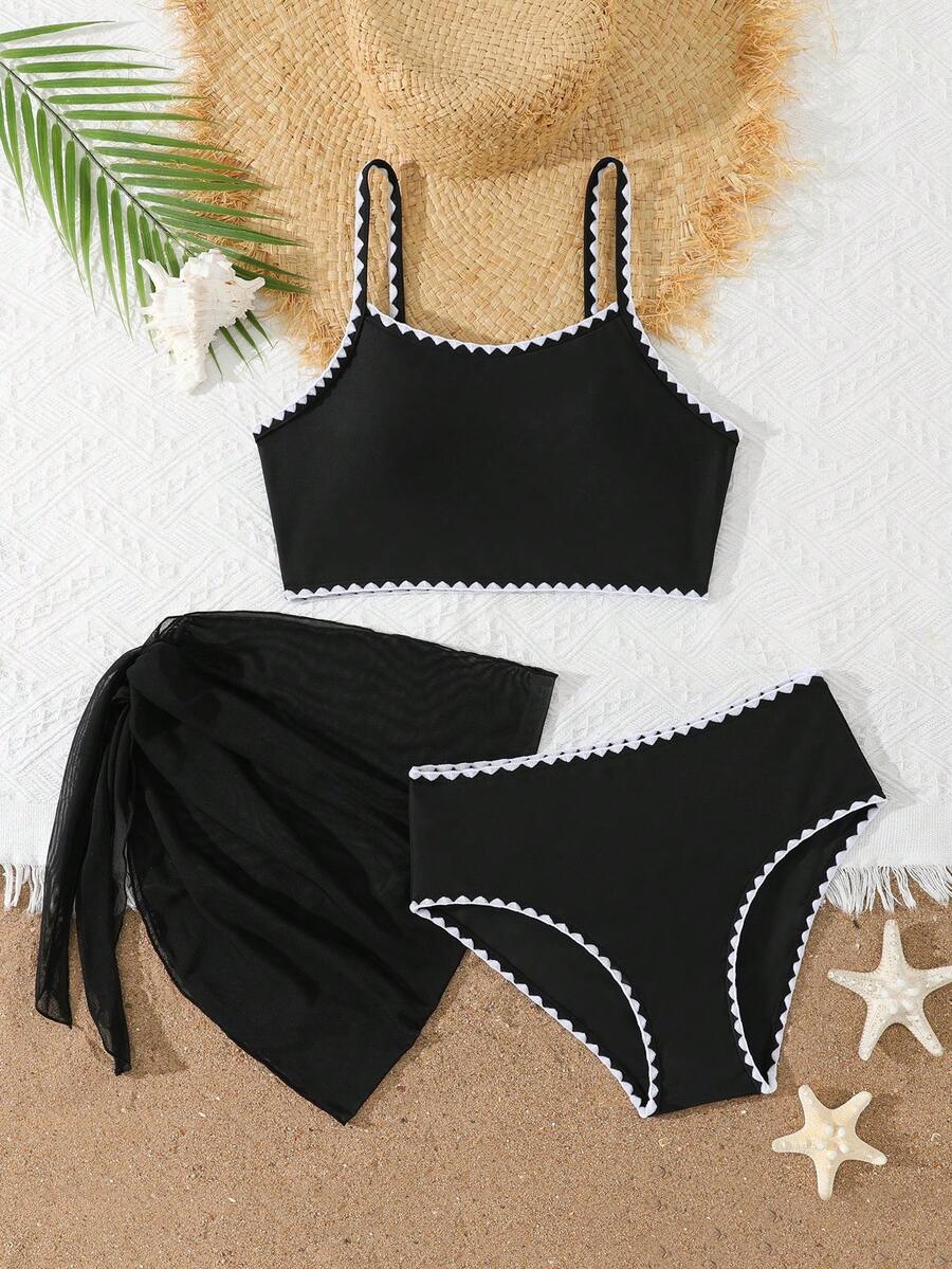 SHEIN 3件套少女纯色针织贝壳刺绣比基尼套装,休闲优雅,适合游泳、夏季海滩、泳池、度假、假日穿着。少女两件套比基尼套装,少女夏季套装,夏季假日套装,女童夏季套装。 - 黑色 - 查看 1