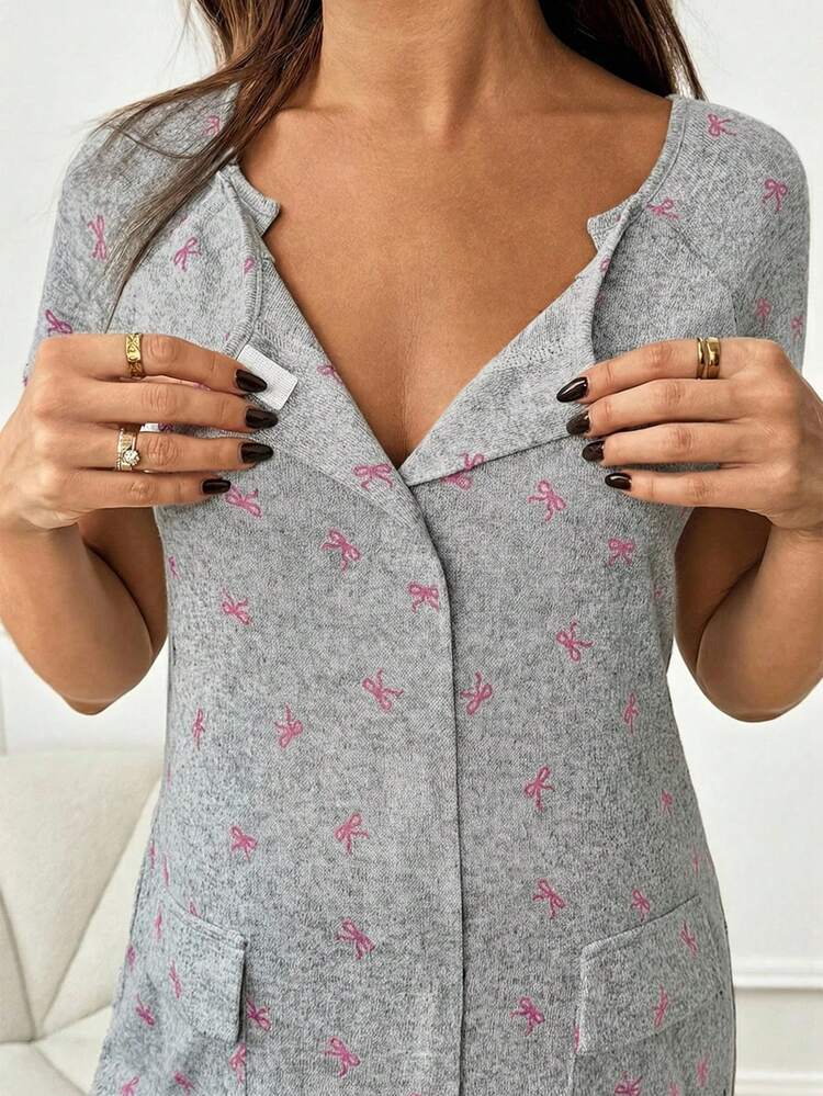 Slowluna Maternity Bow Print Short Sleeve Dress Nursing Dresses Maternity Dress Summer Maternity Two Piece Sets Labor And Delivery Gown Maternity Clothes Two Piece Suits - Pink - View 9