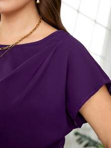 Reflora Plus Size Solid Color Boat Neck Draped Short Sleeve Blouse, Elegant Summer - Purple - View 6
