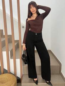 Hitanina 女士简约日常穿着黑色宽松直筒牛仔裤 - 黑色 - 查看 4